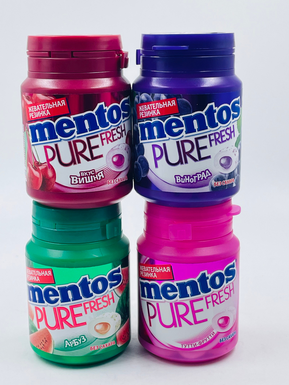Mentos жевательные резинки без сахара Pure fresh, MIX 4 - Виноград, Арбуз, Вишня, Тутти-Фрутти, 4 шт. по 54 г