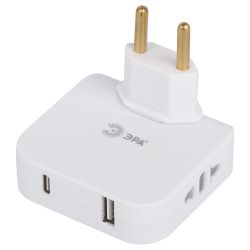 Разветвитель электрический ЭРА SPF-2-FL-USBC поворотный на 2 розетки + 2USB A+C 10А белый | Электротовары