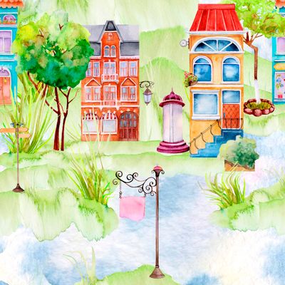 Seamless texture. Illustration Watercolor city.