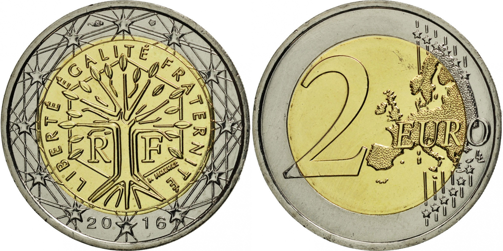Франция 2 евро, 2007-2021 XF