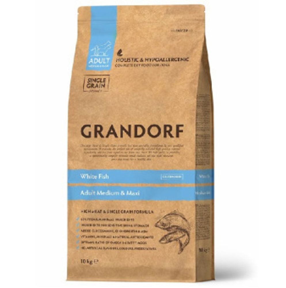 Grandorf 10кг White Fish Medium &amp; Maxi Holistic для собак средних и крупных пород (низкое содержание зерна), с белой рыбой