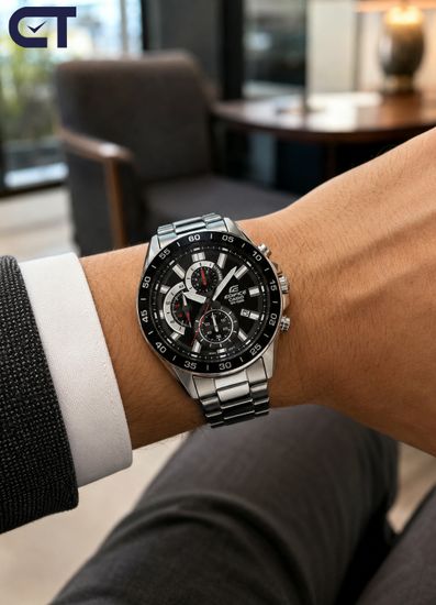 CASIO EFV-550D-1AVUDF EDIFICE мужские наручные часы — крупный стальной хронограф с чёрным циферблатом