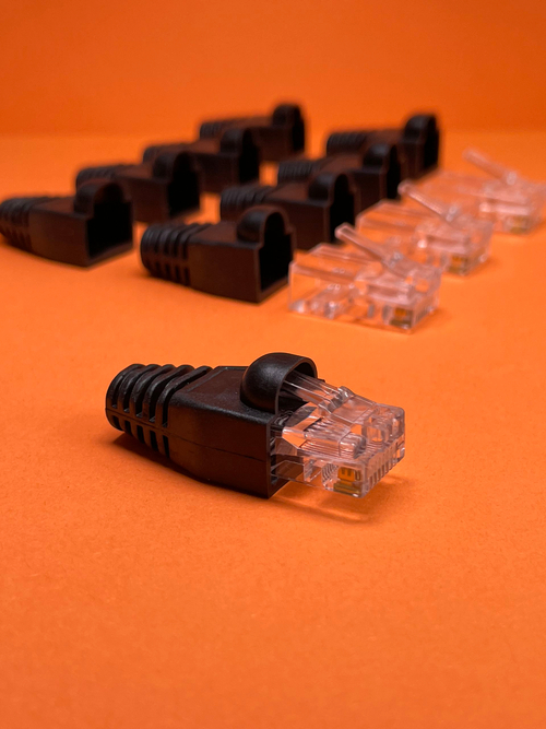 50 пар. Коннектор и колпачок для интернет кабеля RJ45 cat.5e 8P8C, неэкранированный, штекер для витой пары, для разъемов коннектора патч корда, для интернет кабеля диаметр 6,5 мм, черный