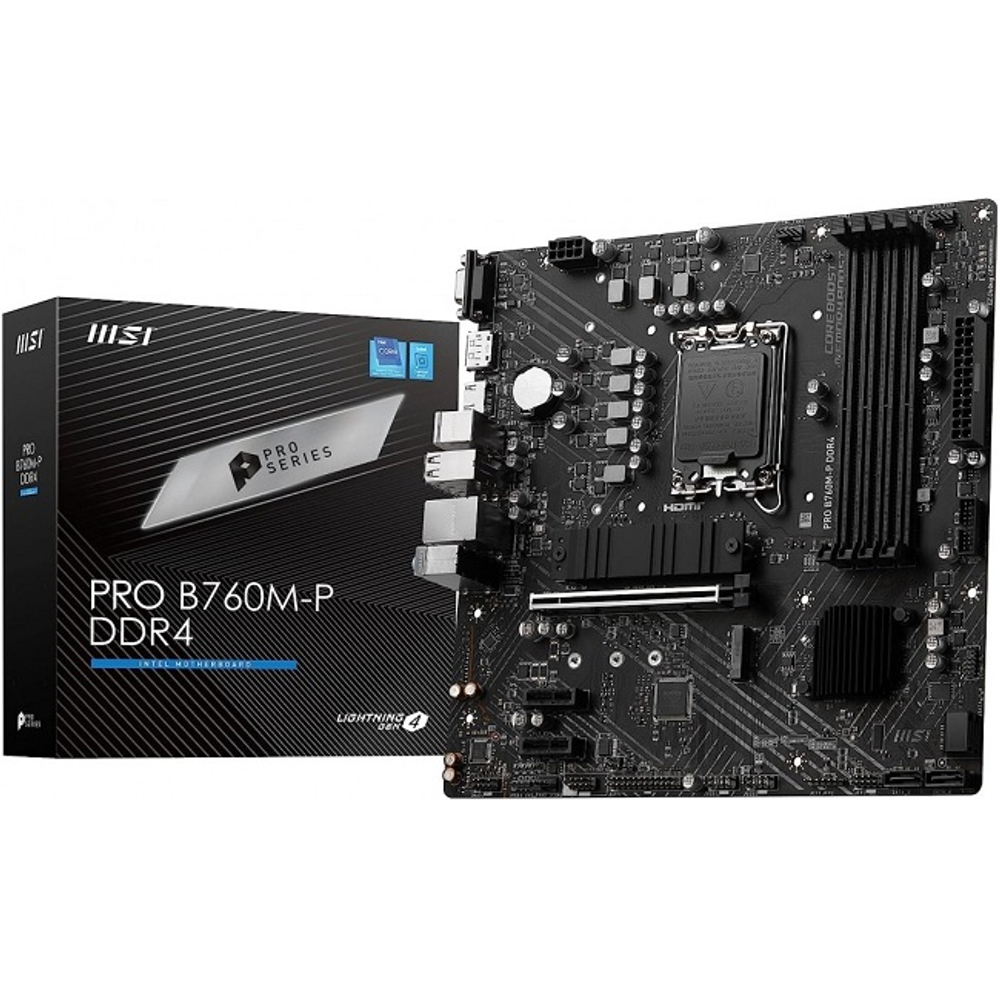 Материнская плата MSI PRO B760M-P DDR4 (LGA1700/B760/4xDDR4/PCI-Ex16/2xM.2/SB7.1/GLAN/DisplayPort/HDMI/VGA/mATX)