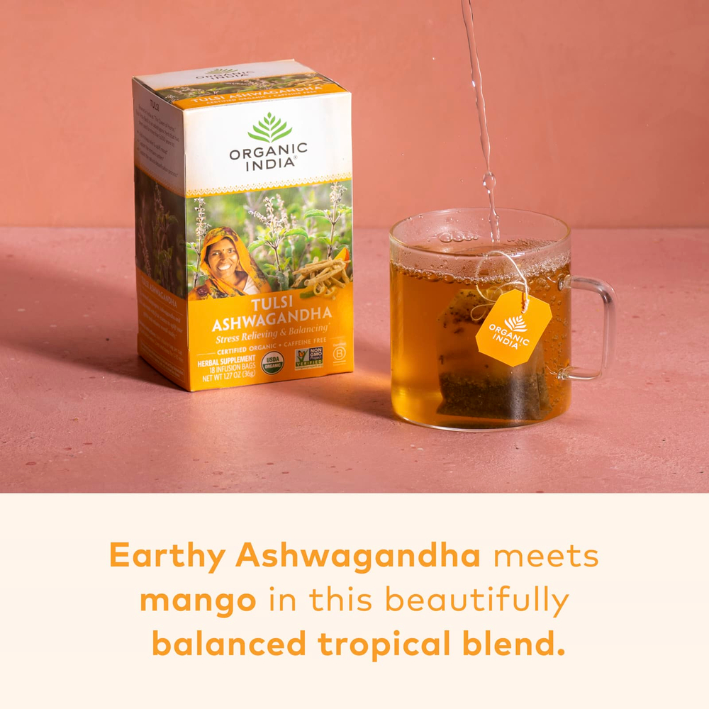 Organic India, чай с тулси и ашвагандой, без кофеина, 18 пакетиков для заваривания, 36 г (1,27 унции)