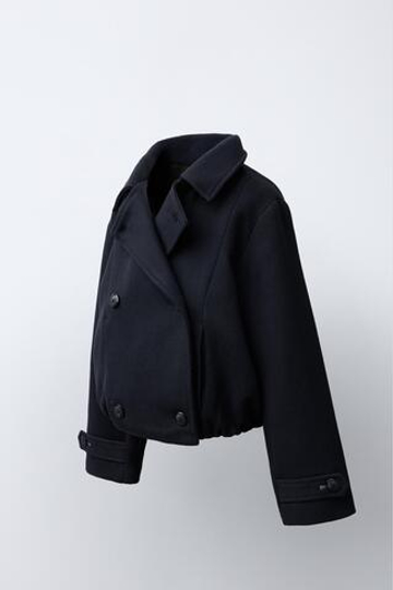 ZARA КОРОТКОЕ ПАЛЬТО ИЗ СМЕСОВОЙ ШЕРСТИ, МОРСКОЙ СИНИЙ