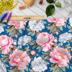 Ткань премиум бифлекс цветущие пионы на темно-голубом