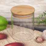 Банка для продуктов стеклянная 450мл «ХАЙТЕК» с бамбуковой крышкой 8,5*10см✦