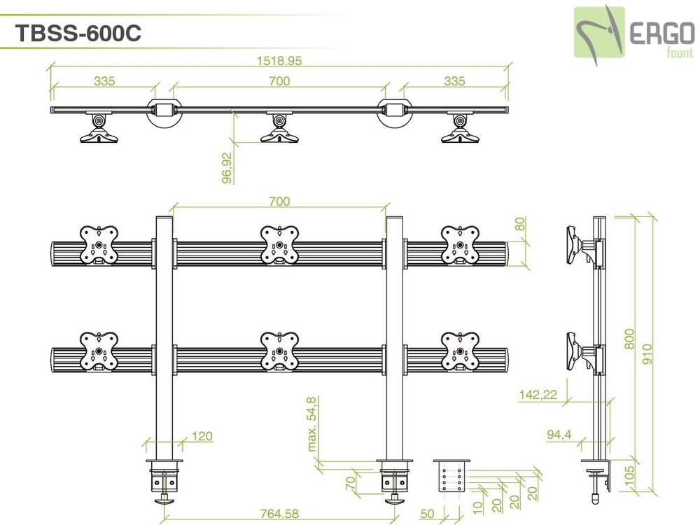 ErgoFount TBSS-600C Настольное крепление для 6 мониторов диагональю до 24'' конфигурации 2х3 с зажимом к столу типа "С". Цвет - серебристый