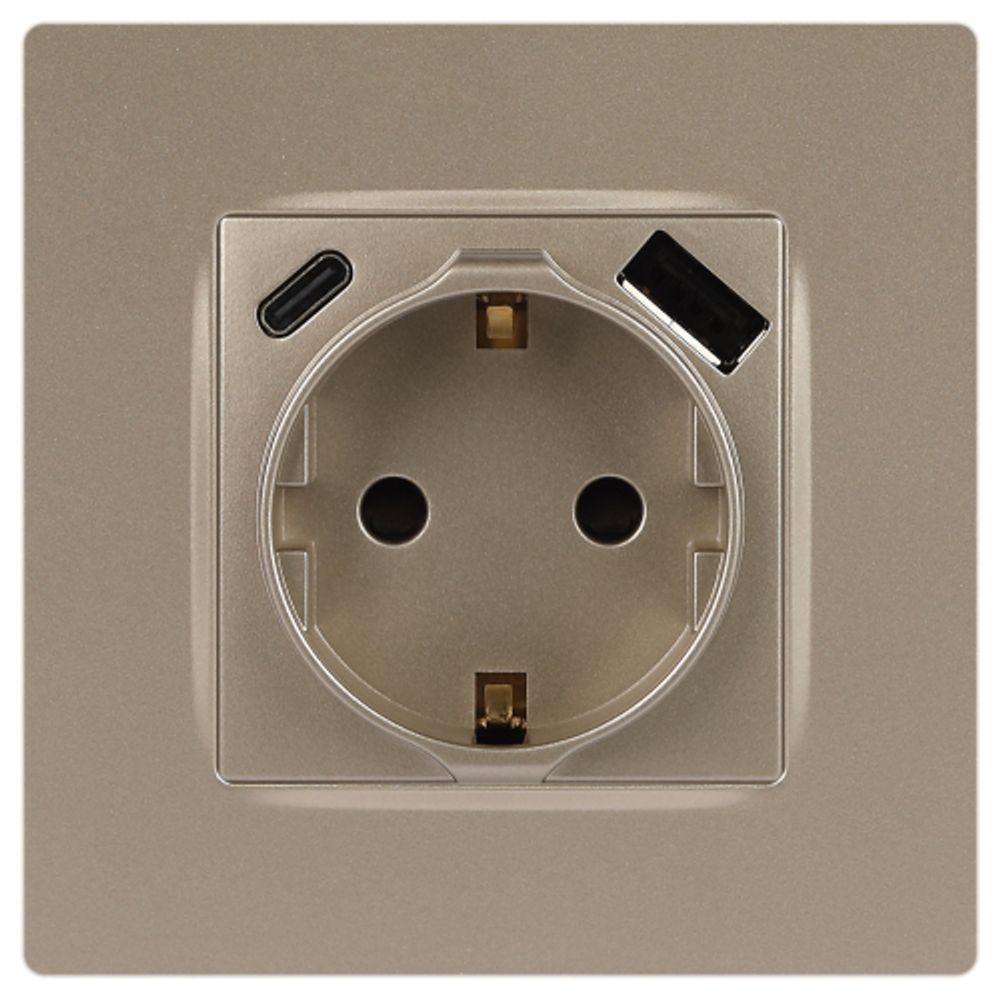 Розетка ЭРА Серия 12 12-4108-04 2P+E 16A-250В со шторками с USB type-A+C 5В-3А шампань | Эра 12