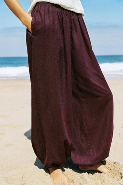 ZARA БРЮКИ-ШАРОВАРЫ ИЗ ЛЬНА, БАКЛАЖАНОВЫЙ
