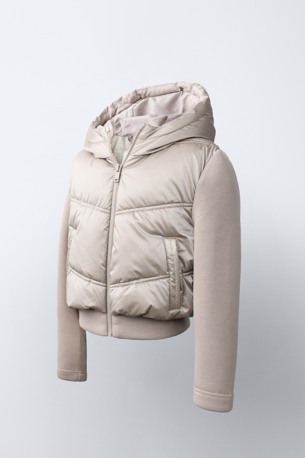 ZARA КОМБИНИРОВАННАЯ СТЕГАНАЯ КУРТКА С КАПЮШОНОМ, КАВА