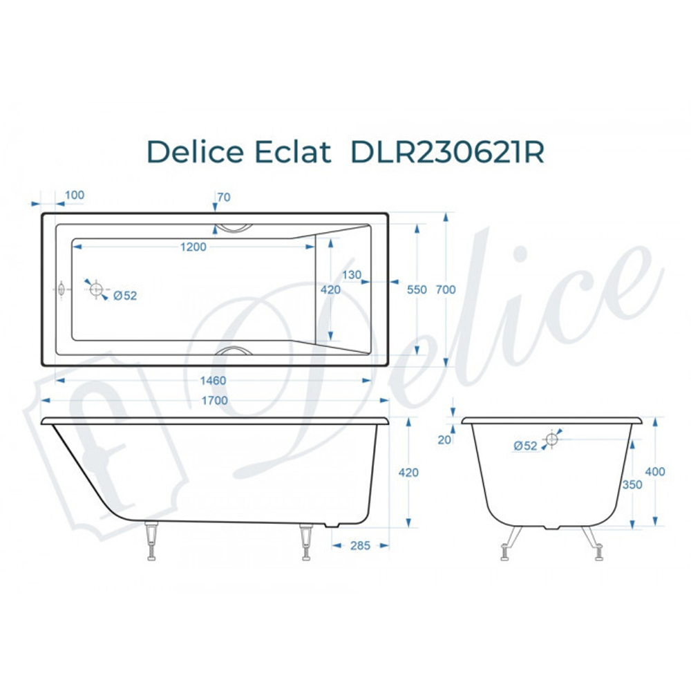 Ванна чугунная Delice Eclat 170х70 с отверстиями под ручки DLR230621R