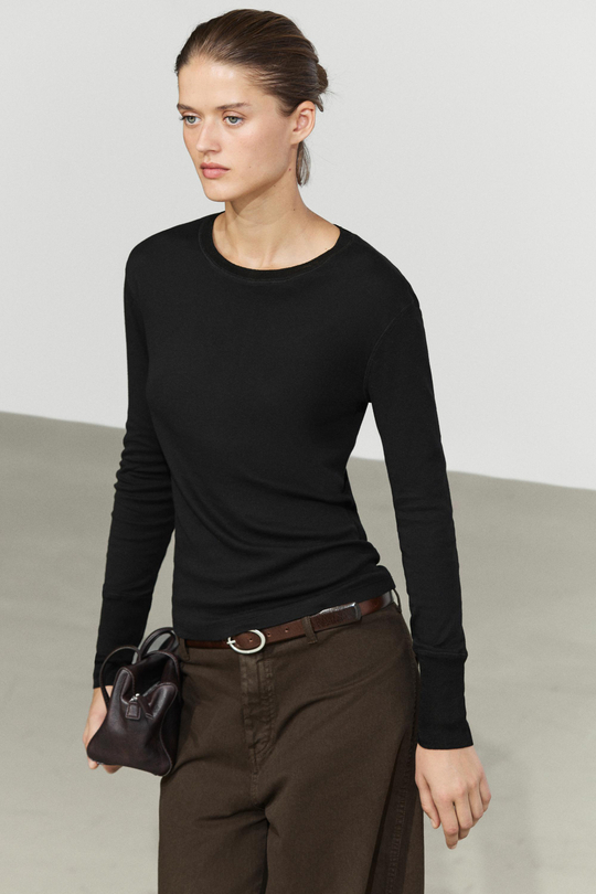 Massimo Dutti Футболка с длинными рукавами и манжетами, черный
