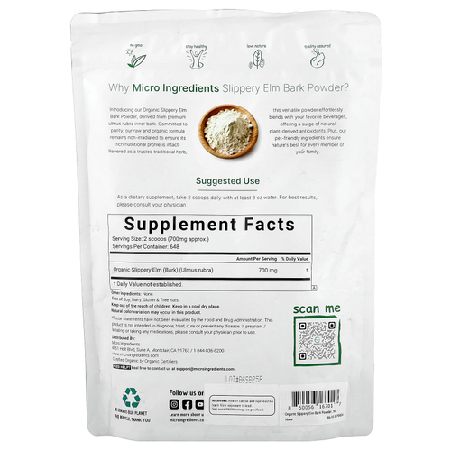 Micro Ingredients, Органический порошок из коры вяза скользкого, 454 г (1 фунт)