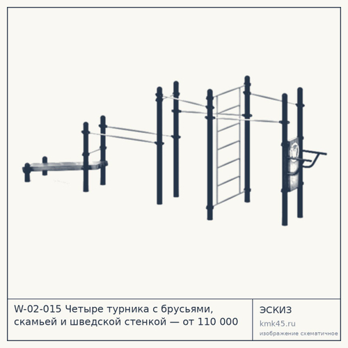 W-02-015 Четыре турника с брусьями, скамьей и шведской стенкой — от 110 000 ₽