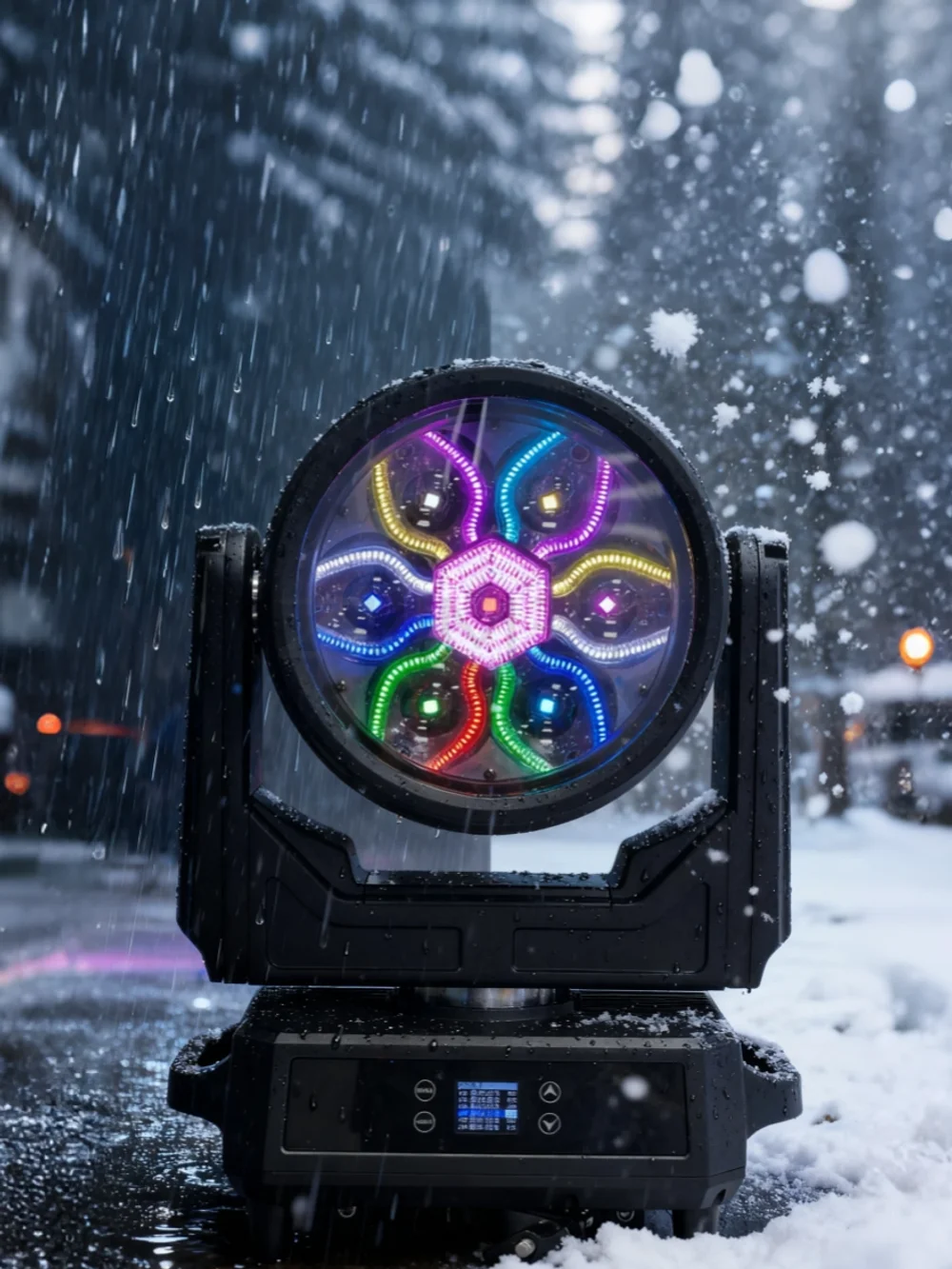 Wash B-EYE MW760-IP — вращающаяся голова 7×60 Вт с RGB-подсветкой и зумом 4°–60° IP65