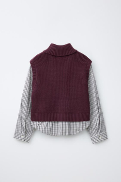 ZARA РУБАШКА С ТРИКОТАЖНЫМ ЖИЛЕТОМ В КЛЕТКУ, БУРГУНДИ
