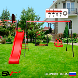 Уличные качели Sv Sport с горкой УК193.1КП2 (3.7м/Щит баскет/Гнездо 100см/Со спинкой/Подвесы на подш 2к)