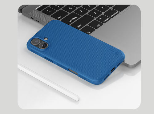 Усиленный чехол синего цвета от Nillkin для iPhone 16, серия Super Frosted Shield Pro