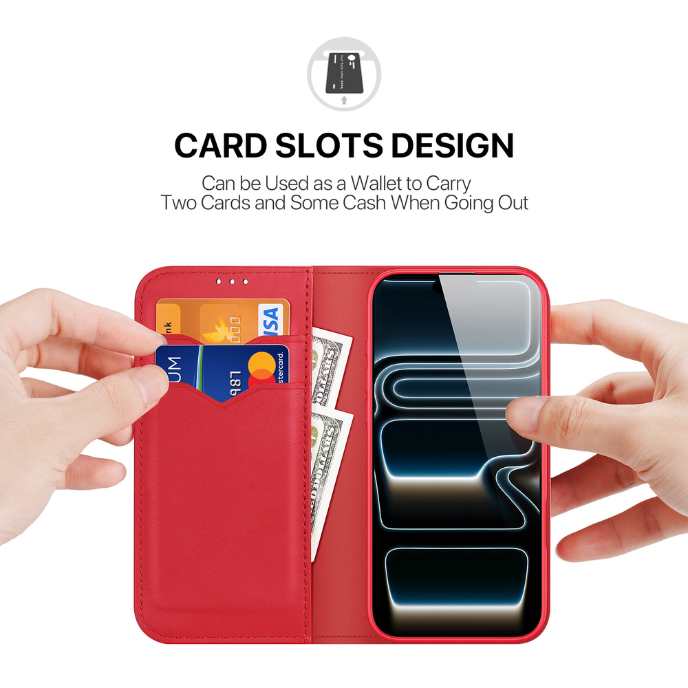 Чехол книжка из натуральной кожи красного цвета для iPhone 17 Pro, серия Hivo Series Case (защита RFID) от Dux Ducis