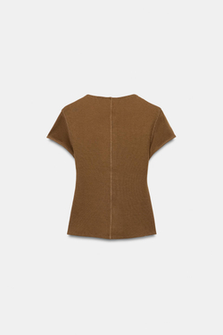 ZARA ФУТБОЛКА В РУБЧИК НА ПУГОВИЦАХ, КОРИЧНЕВЫЙ