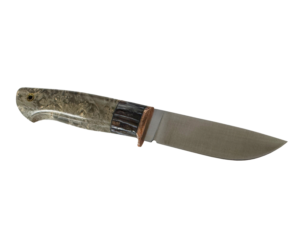 Нож Егерь, Bohler S390, макумэ ганэ, зуб мамонта, стабил.кап клёна, формованные ножны