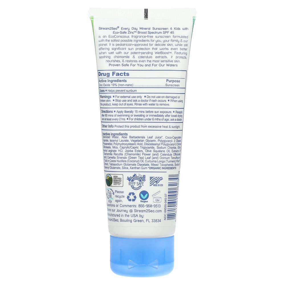 Stream2Sea, Минеральное солнцезащитное средство на каждый день, SPF 45, для 4 детей, 75 мл (2,5 жидк. унц.)