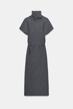 ZARA ДЛИННОЕ ПЛАТЬЕ С ВЫСОКИМ ВОРОТНИКОМ, МЯГКИЙ СЕРЫЙ
