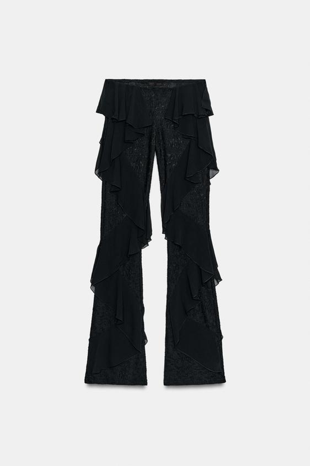 ZARA БРЮКИ С КРУЖЕВНЫМИ ВОЛАНАМИ, ЧЕРНЫЙ