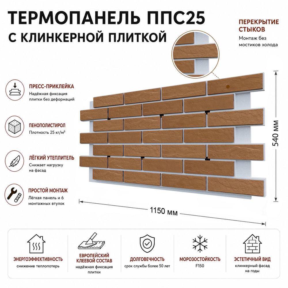 Клинкерная фасадная термопанель ППС25 Cerrad Brazowa Rustiko 1150x540