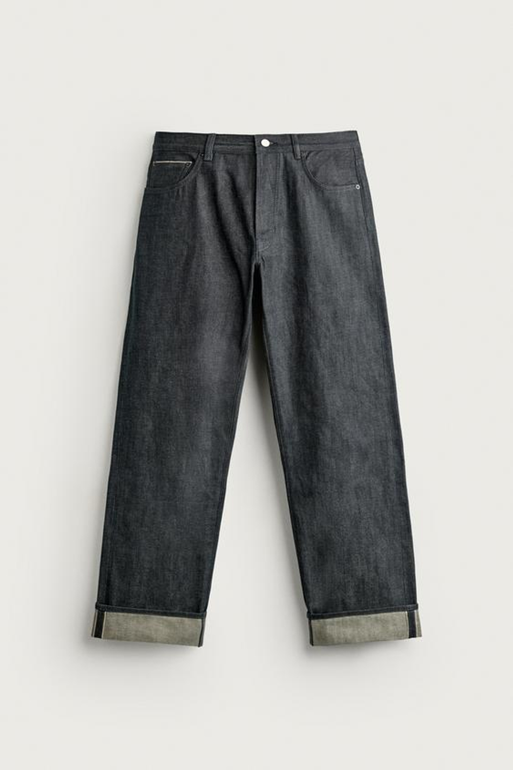 ZARA ДЖИНСЫ STRAIGHT FIT С ОТВОРОТОМ SELVEDGE, СЕРО-СИНИЙ