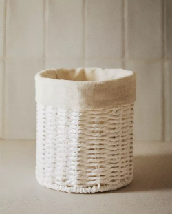 ZARA HOME КРУГЛАЯ КОРЗИНА С ПОДКЛАДКОЙ ИЗО ЛЬНА, БЕЛЫЙ