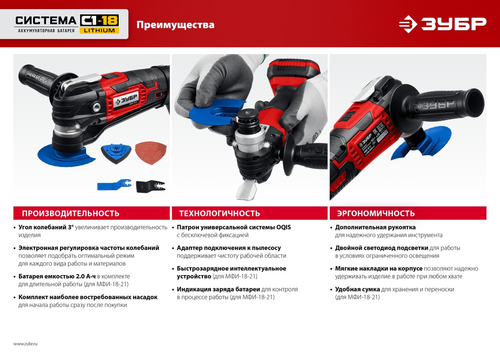 ЗУБР C1-18, 18 В, OQIS, без АКБ, реноватор, набор насадок (МФИ-18 Н)