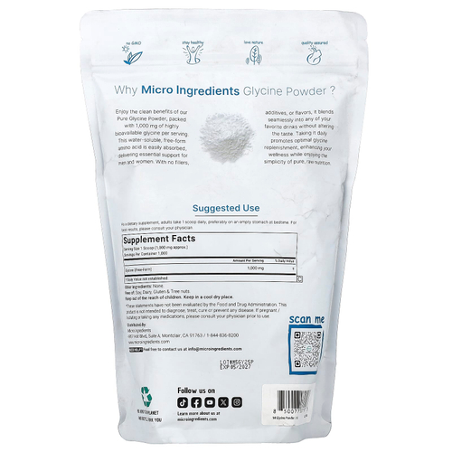 Micro Ingredients, глицин в порошке, 1 кг (2,2 фунта)
