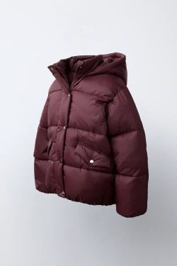 ZARA СТЕГАНАЯ КУРТКА WATER-REPELLENT С КАПЮШОНОМ, БУРГУНДИ