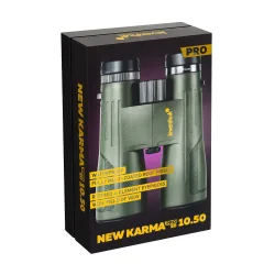 Бинокль Levenhuk New Karma PRO ED 10x50 - упаковка и бинокль рядом