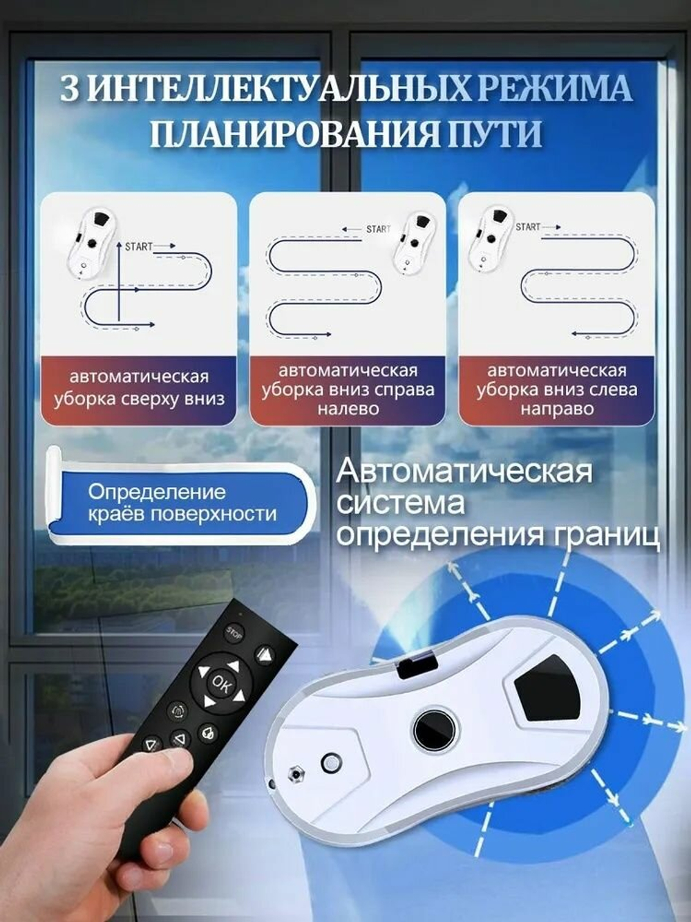 Робот мойщик окон, с 10 салфетками, пульт, от аккумулятора, 5600Па