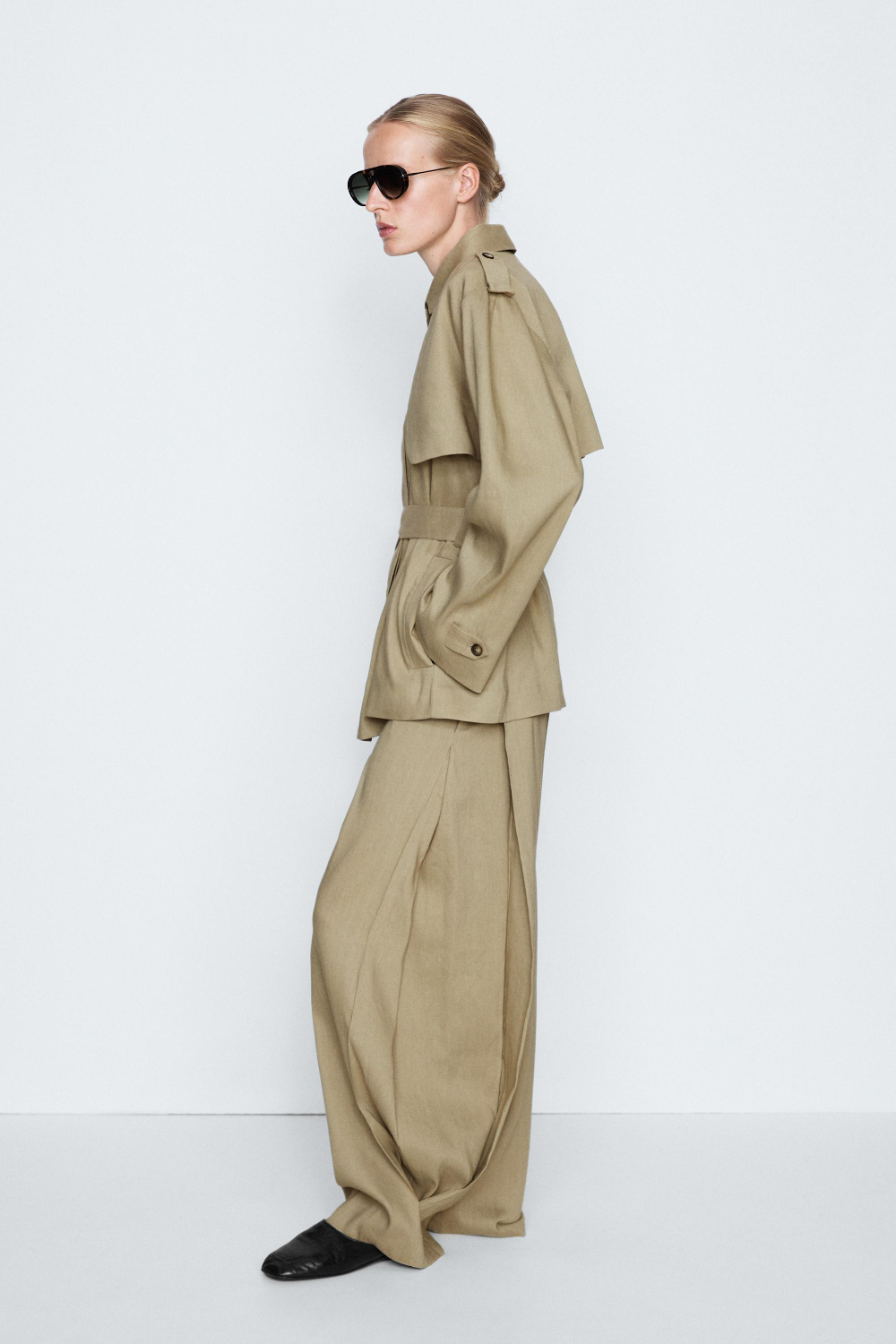 Massimo Dutti Короткий тренч из смесовой льняной ткани - STUDIO, пастельно-зеленый