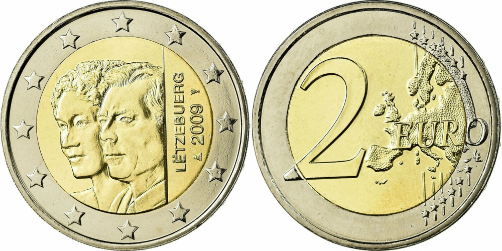 Люксембург 2 евро, 2009 90 лет вступлению на престол Герцогини Шарлотты UNC