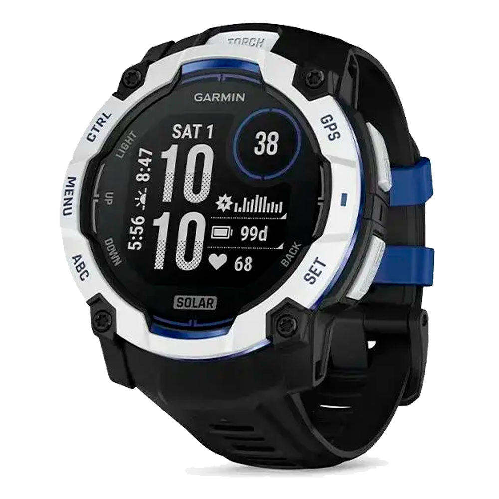 Умные часы Garmin Instinct 3, 50mm, Solar Whitestone with Black/Bolt Blue Band  (010-02935-03)