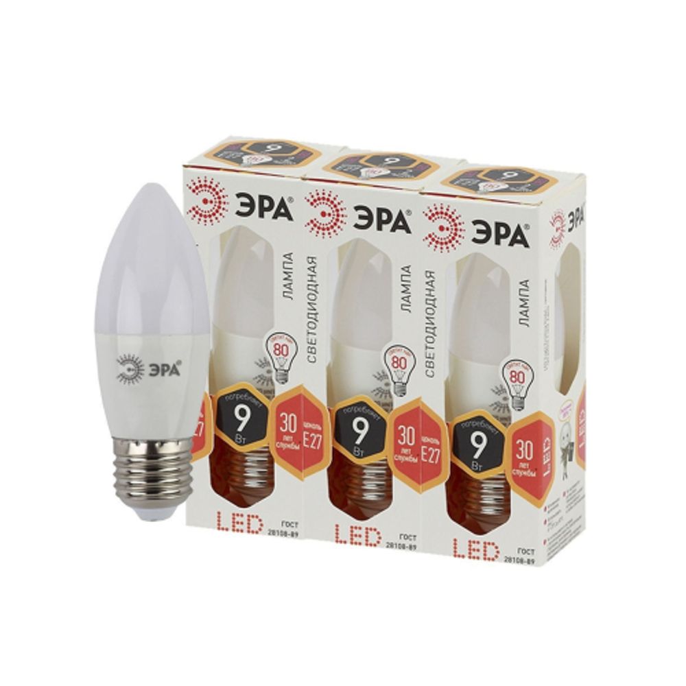 Лампа светодиодная ЭРА STD LED B35-9W-827-E27 9Вт свеча теплый белый свет Е27 | Лампы cветодиодные Свеча (B/C)