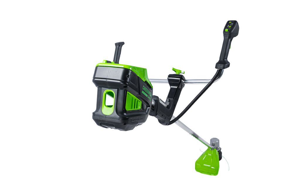 Триммер аккумуляторный Greenworks TB201H, Арт. 2112407, 82V, 2,0 кВт, 46 см, c трехлопастным ножом и кусторезом, бесщеточный, без АКБ и ЗУ