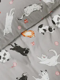 Постельное белье "Kitties" семейное наволочки 50х70 2шт Простынь на резинке 160х200 см Пододеяльник 145х215 см(2шт) Сказка сатин