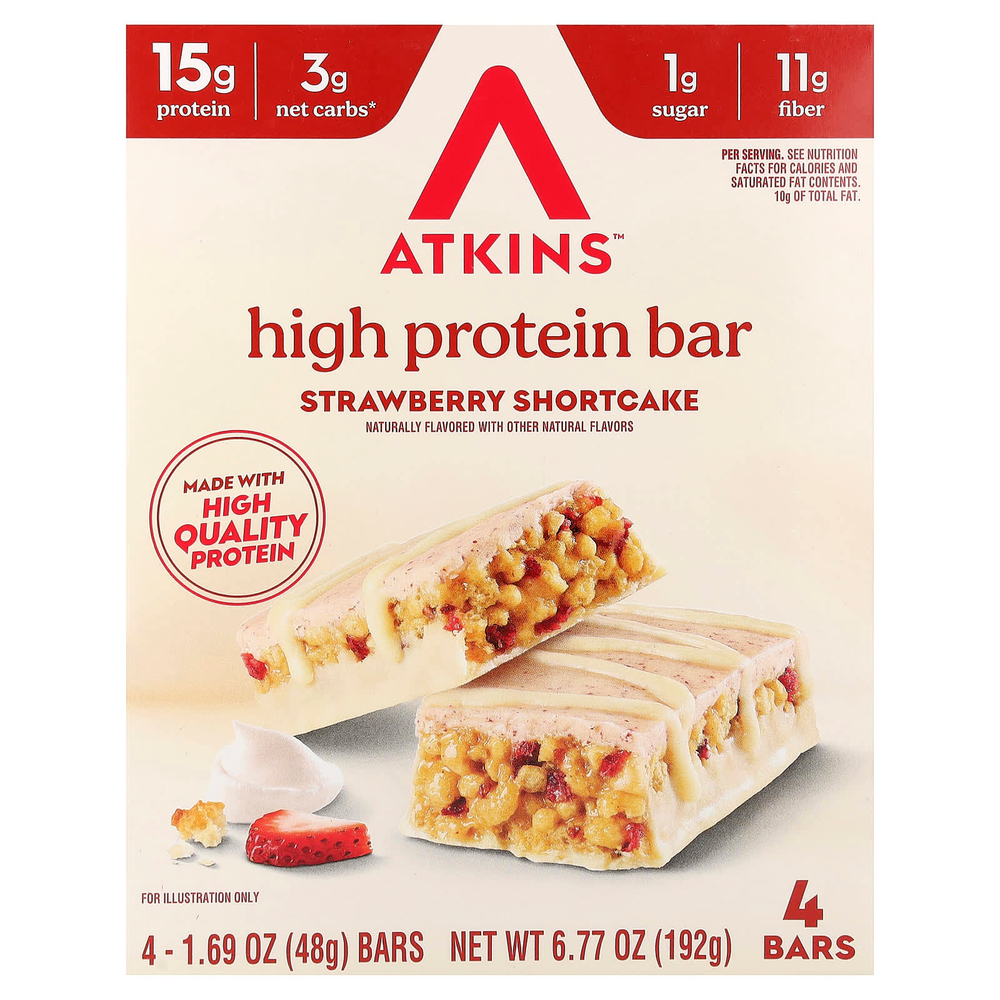 Atkins, высокопротеиновый батончик, клубничное печенье, 4 батончика по 48 г (1,69 унции)
