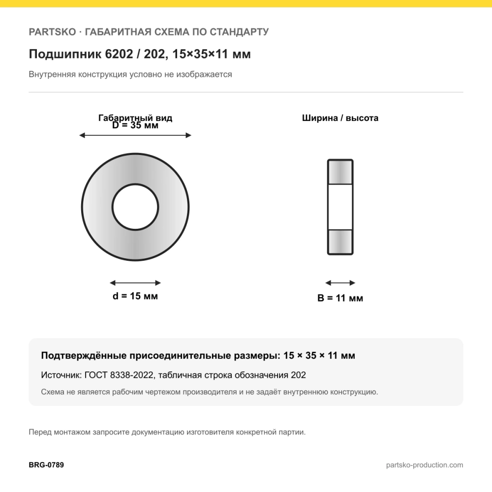 Габаритная схема Подшипник 6202 / 202, 15×35×11 мм, APP-GROUP: 15×35×11 мм по ГОСТ 8338-2022