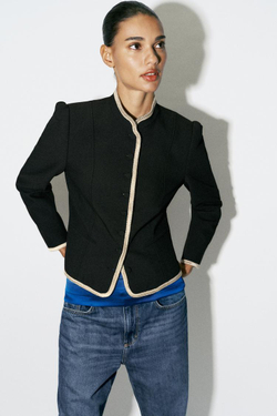 ZARA БЛЕЙЗЕР С КОНТРАСТНОЙ ОКАНТОВКОЙ, ЧЕРНЫЙ