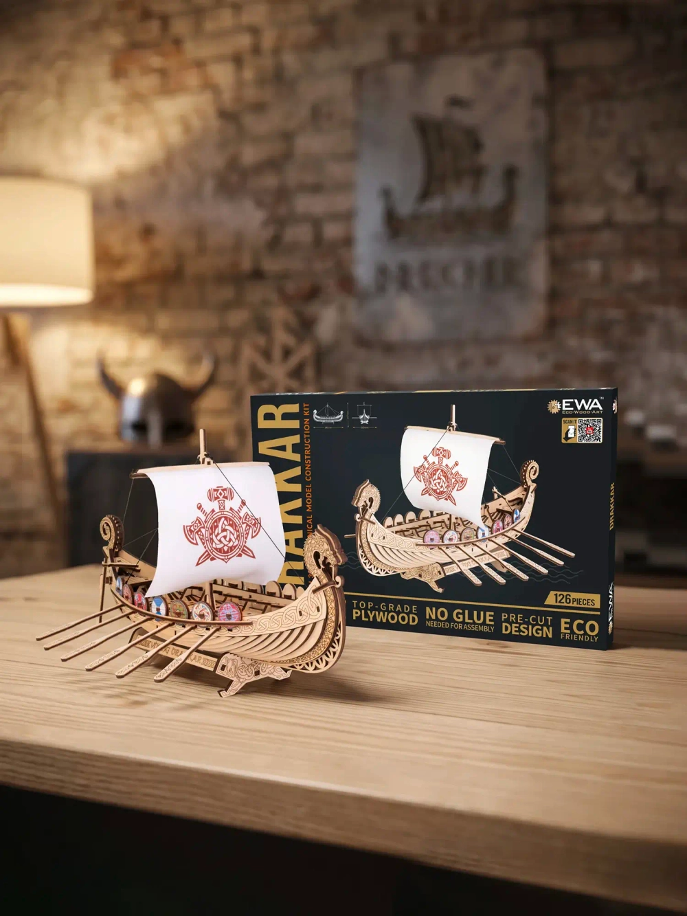 Деревянный конструктор Корабль Викингов Драккар с парусом (EWA)