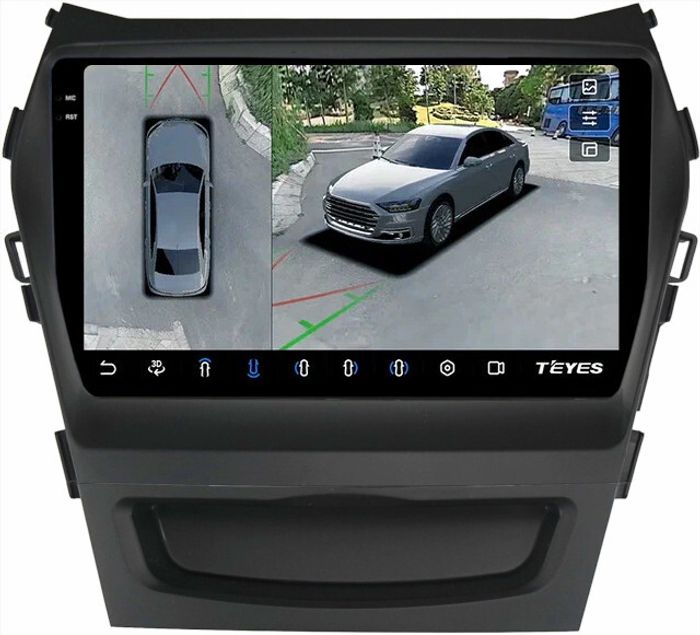 Магнитола для Hyundai Santa Fe 3 2012-2018 (климат на ШГУ, прямое подключение к штатному усилителю) - Teyes CC3-2K-360 монитор 9.5" 2K QLED на Android 10, Быстрая, CarPlay, 4G SIM-слот, 4 камеры в комплекте