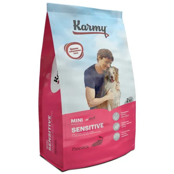 Сухой корм Karmy Sensitive Mini для взрослых собак мелких пород с чувствительным пищеварением, с лососем